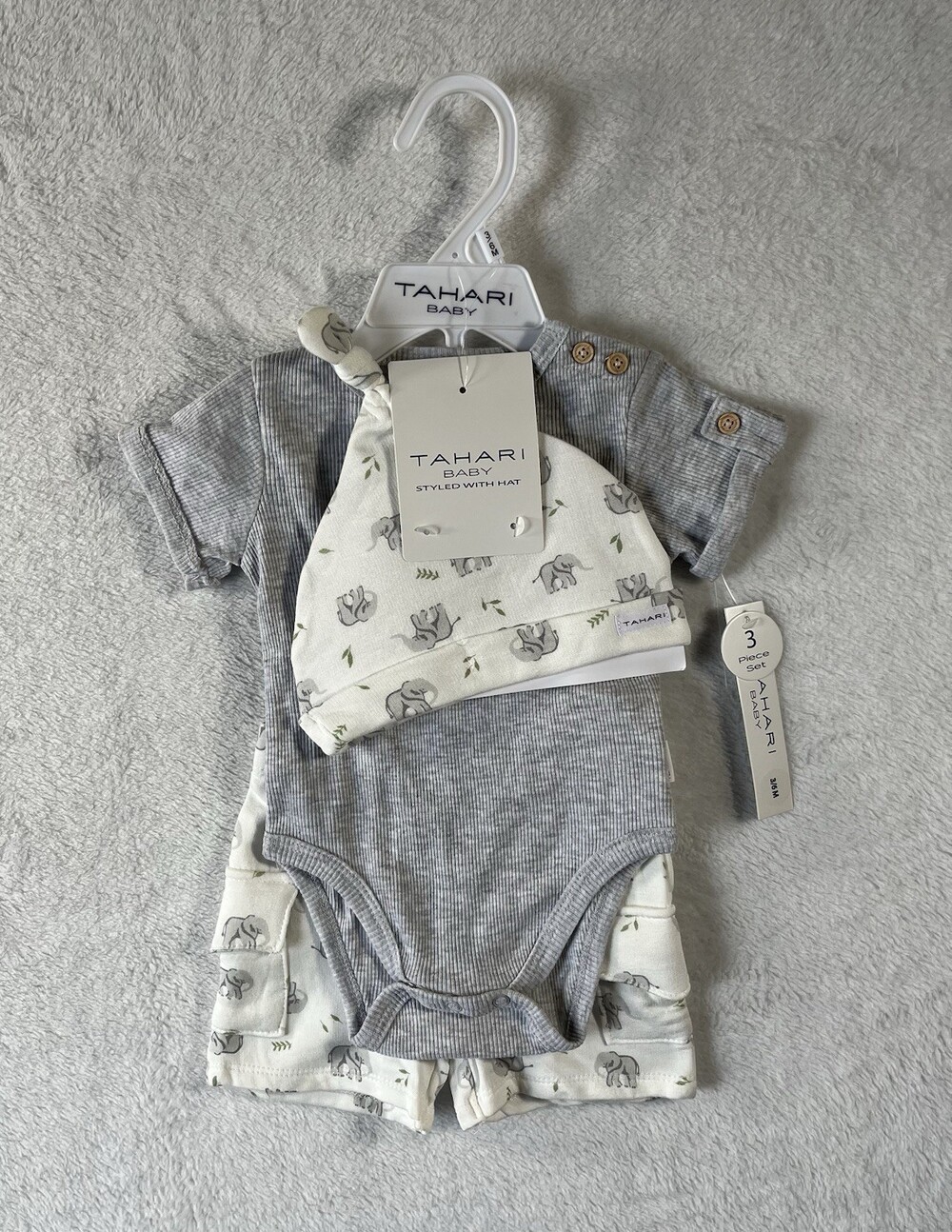 Tahari Baby 3-Piece Set 3-6 M Unisex Bodysuit Shorts Hat Elephant Grey NWT